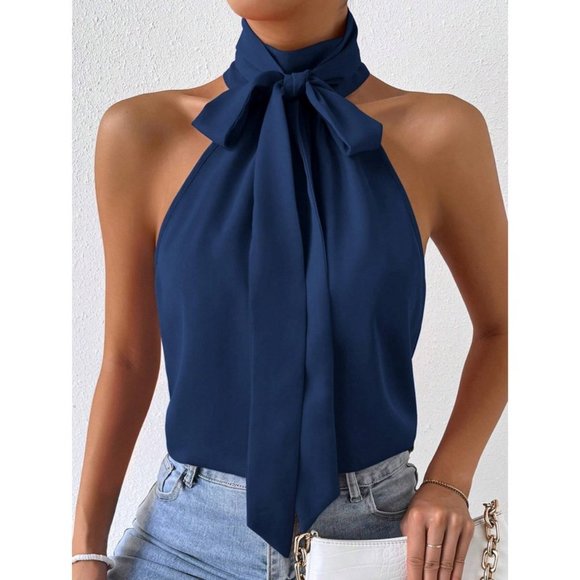 Chic Tie Neck Halter Top Navy Blue - Picture 1 of 6